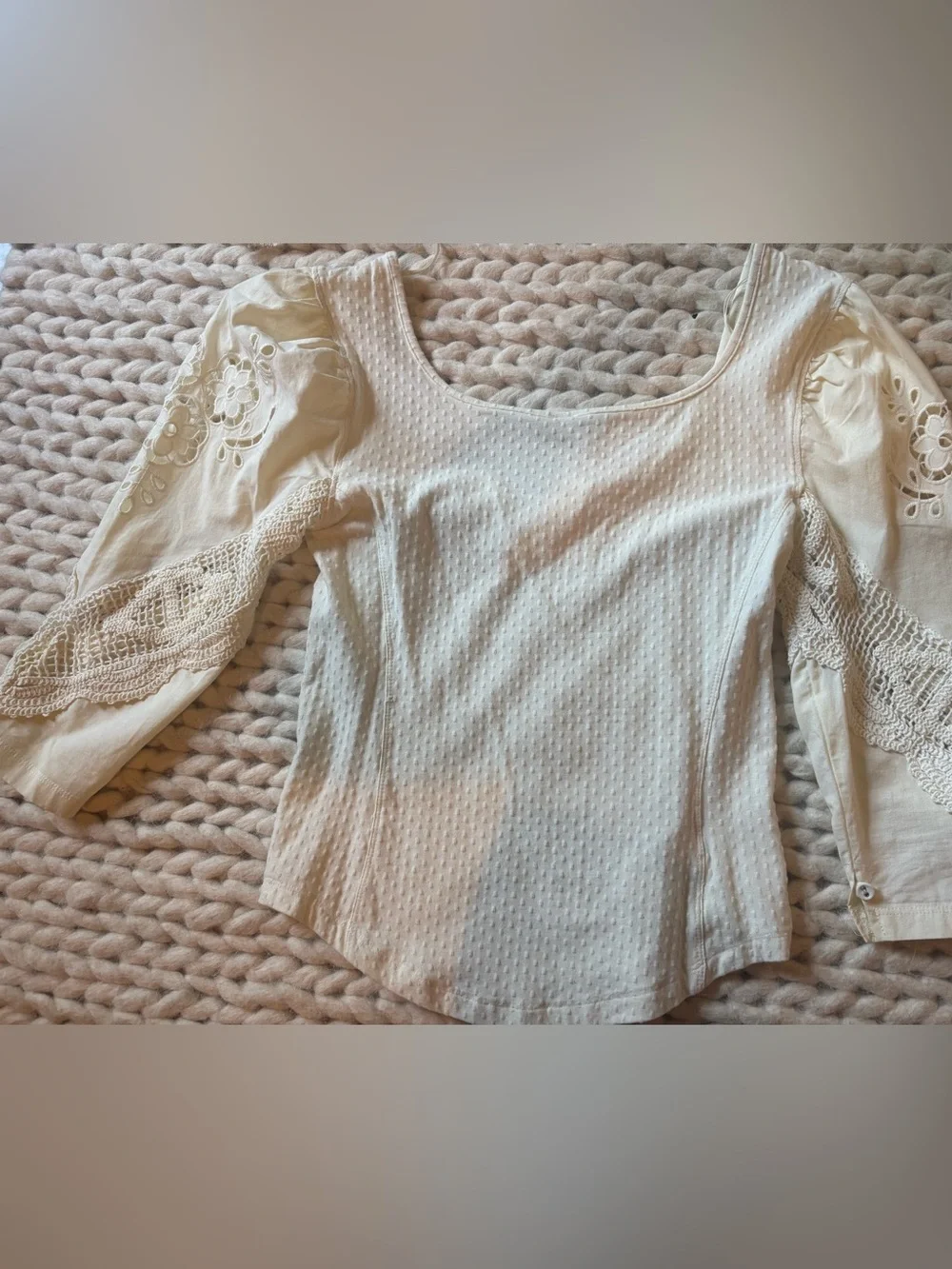 Free People Cream Textured V-Neck Top with Lace Sleeve Detail